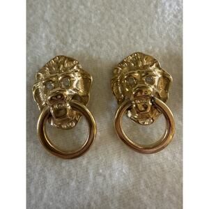 Vintage KJL Kenneth J Lane Lion Door Knocker Earrings Rhinestone Avon 1986